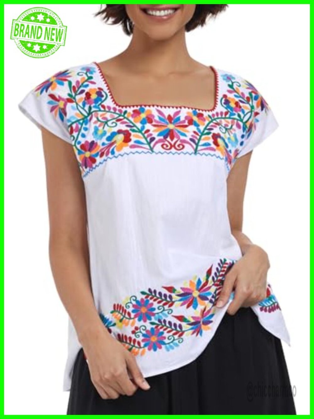 100% Cotton Embroidered Square Neck Peasant Blouse Sleeveless Tank Top